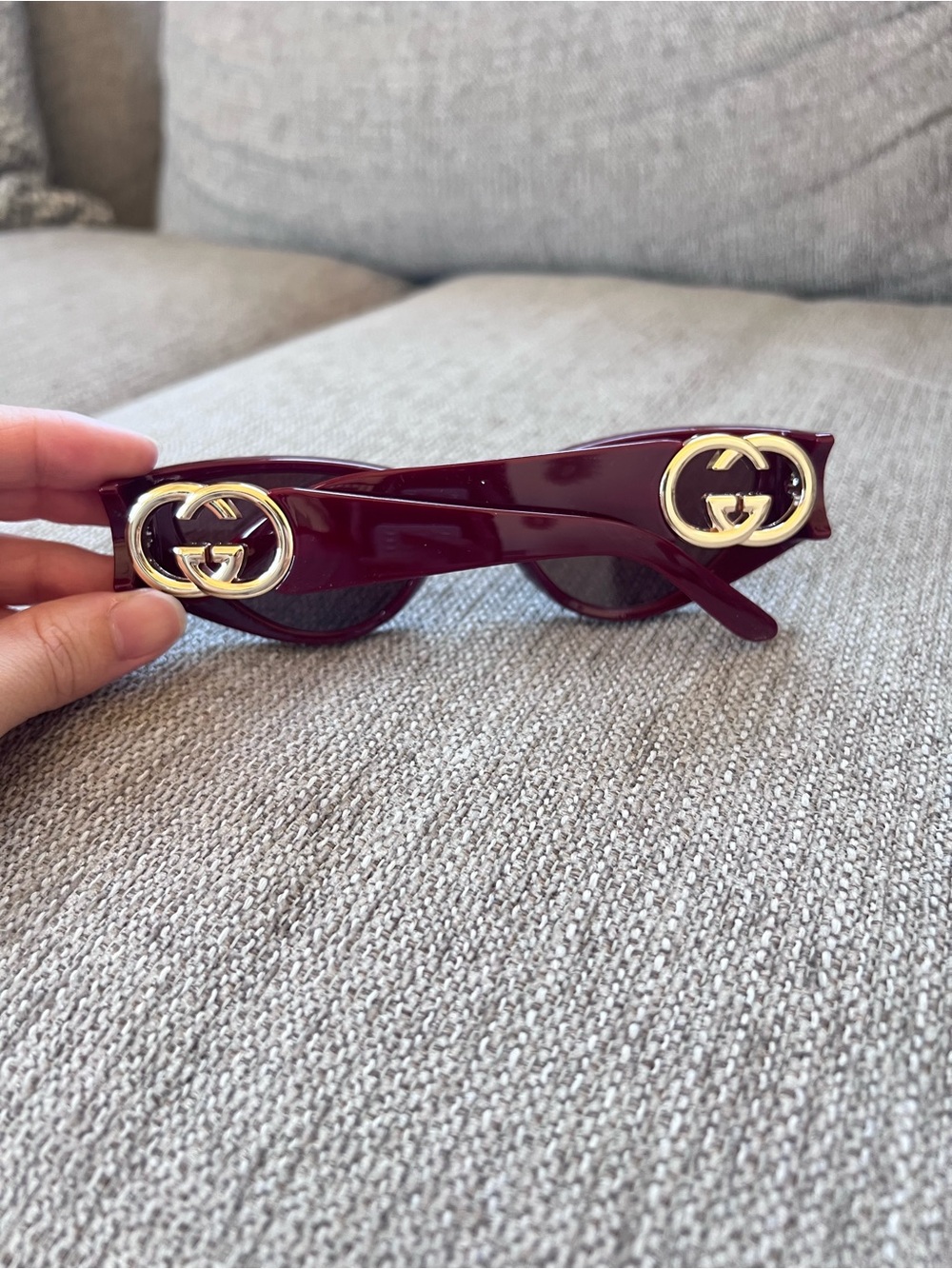 Gucci Interlocking G Burgundy Cat Eye Sunglasses with Gold Accent - Picture 5 of 8